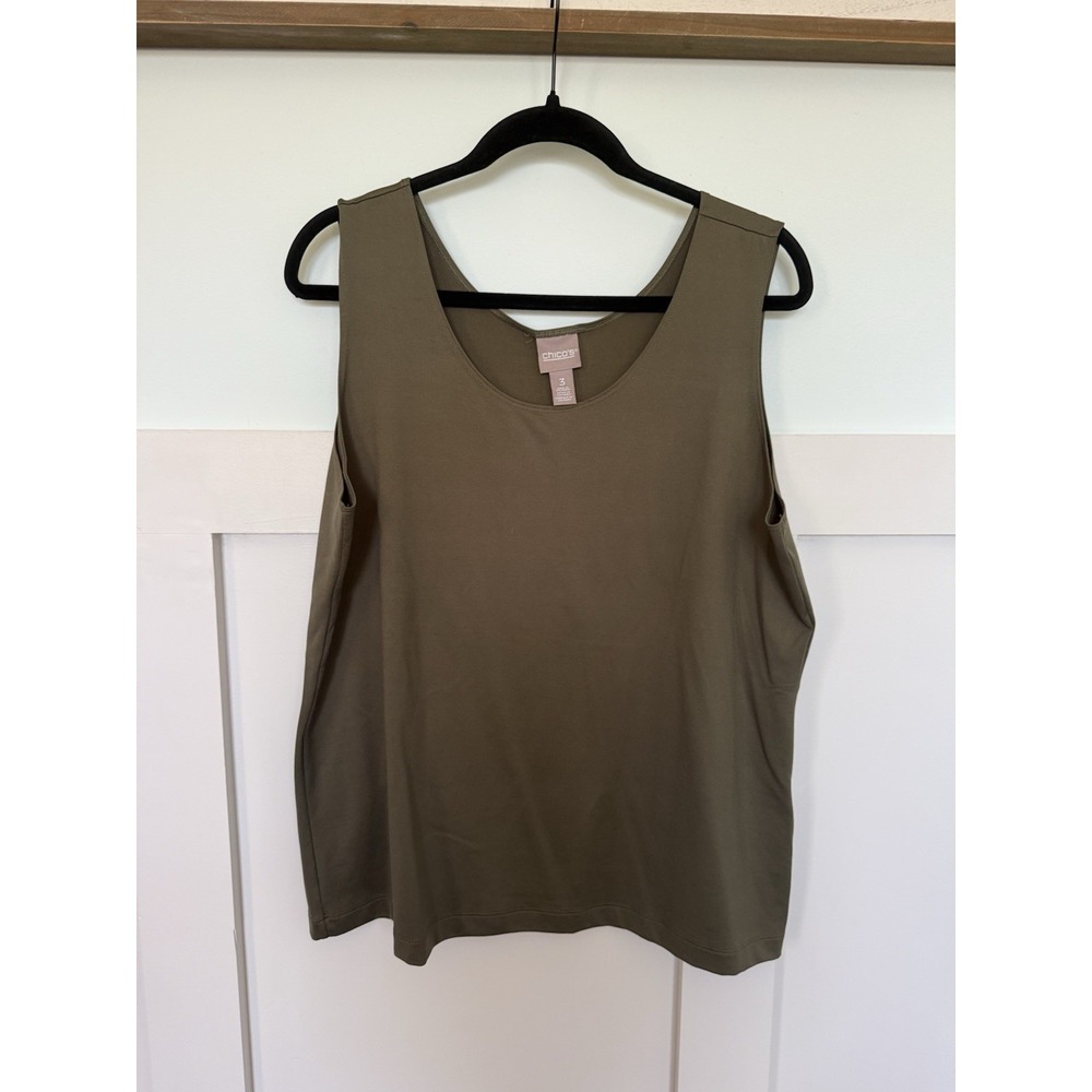 Chico's NWT Scoop Neck Tank Basic Size 3 XL Olive Green Wide Strap Stretch Knit